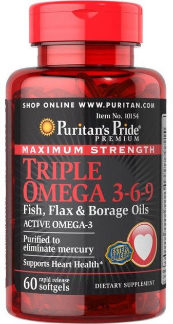 Жирні кислоти Puritan's Pride Triple Omega 3 6 9 Fish Flax Borage Oils,  ml, Puritan's Pride. Omega 3 (Fish Oil). General Health Ligament and Joint strengthening Skin health CVD Prevention Anti-inflammatory properties 