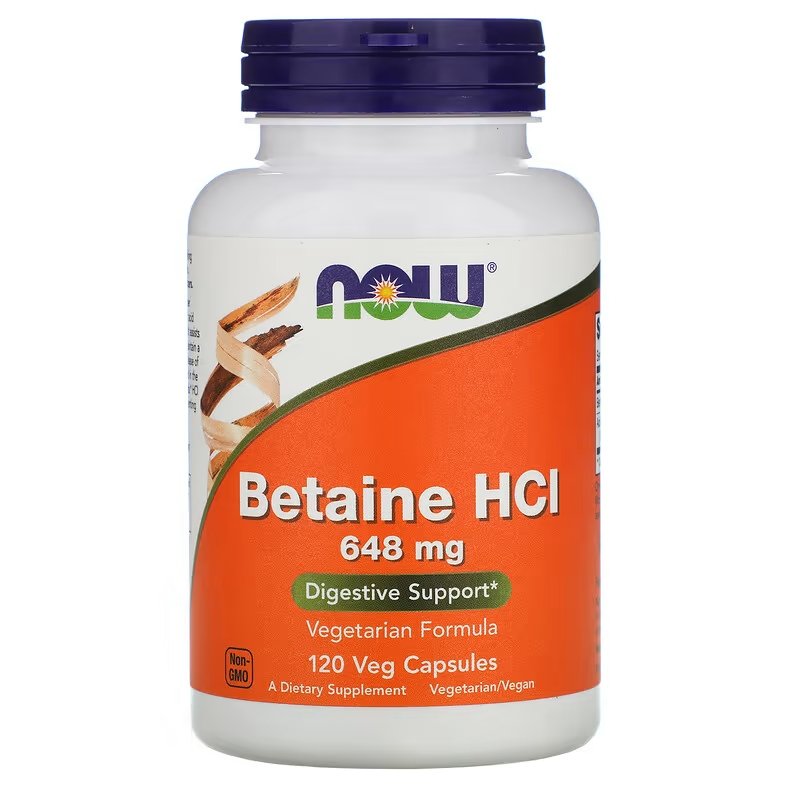 Натуральная добавка NOW Betaine HCl 648 mg, 120 вегакапсул,  мл, Now. Hатуральные продукты. Поддержание здоровья 