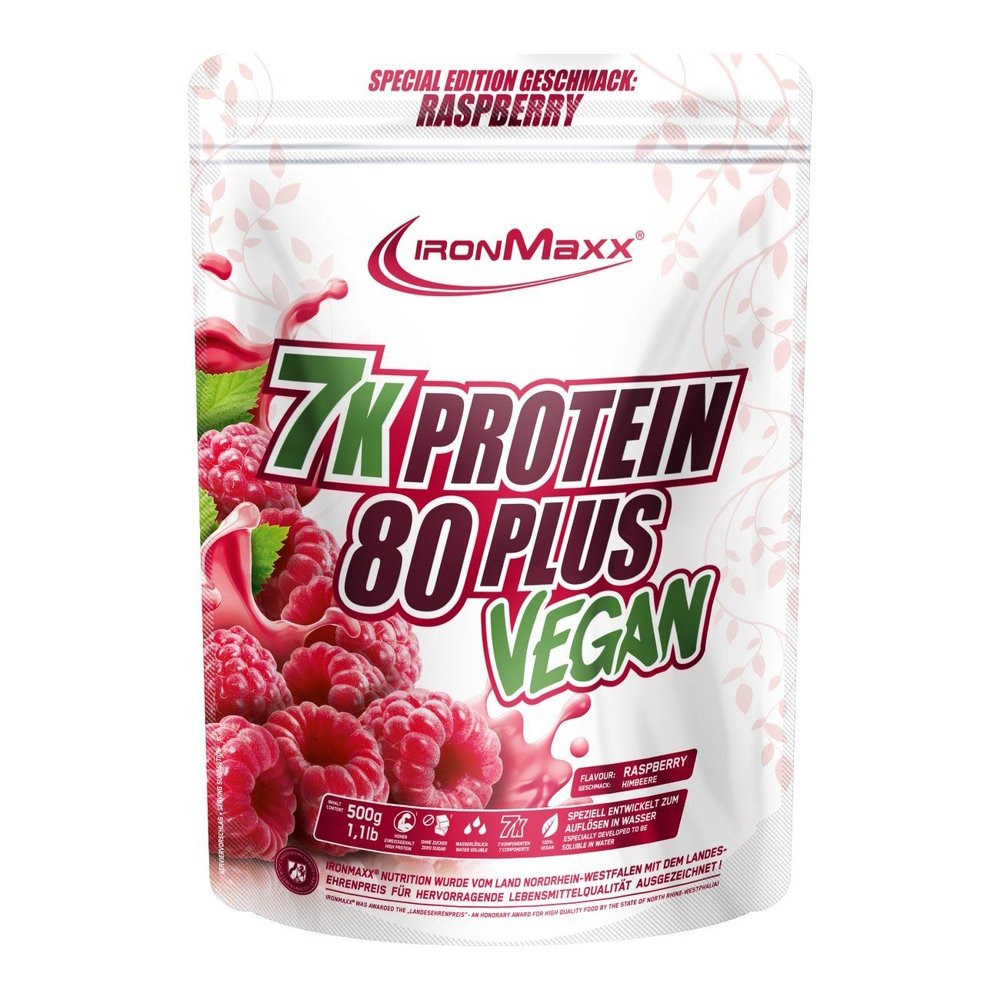 Протеин IronMaxx 7K Protein 80 Plus Vegan, 500 грамм Малина,  мл, IronMaxx. Протеин. Набор массы Восстановление Антикатаболические свойства 